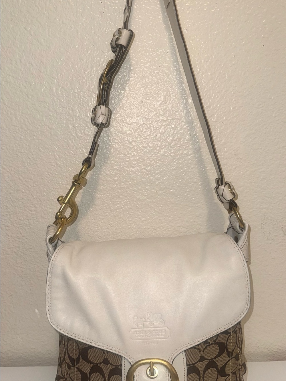 Coach White and Brown Signature Shoulder Bag with Brass Buckles - Picture 9 of 9
